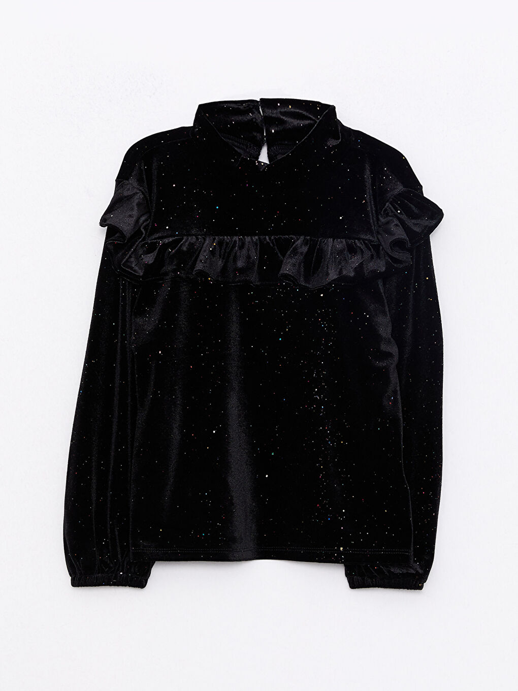 Turtleneck Ruffle Detailed Long Sleeve Velvet Girls T-Shirt-3