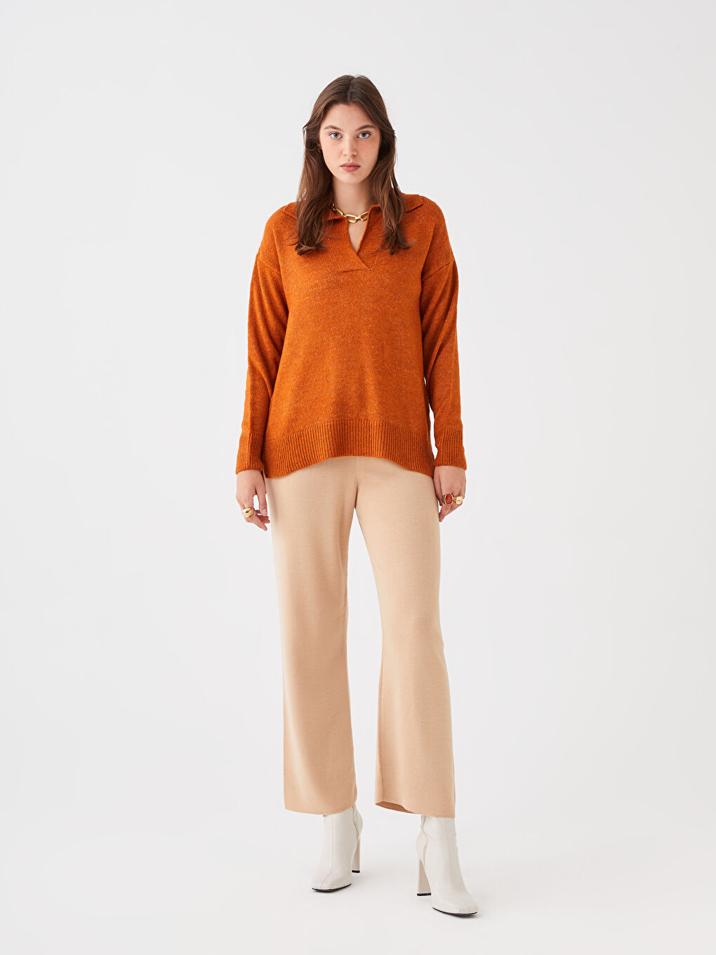 Turuncu Polo Yaka Kadın Triko Kazak