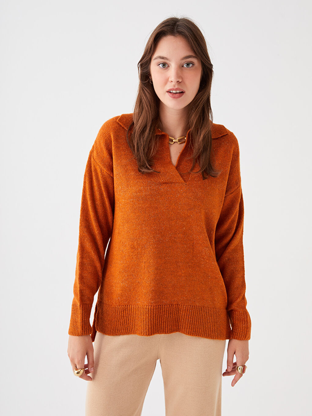 Turuncu Polo Yaka Kadın Triko Kazak-2