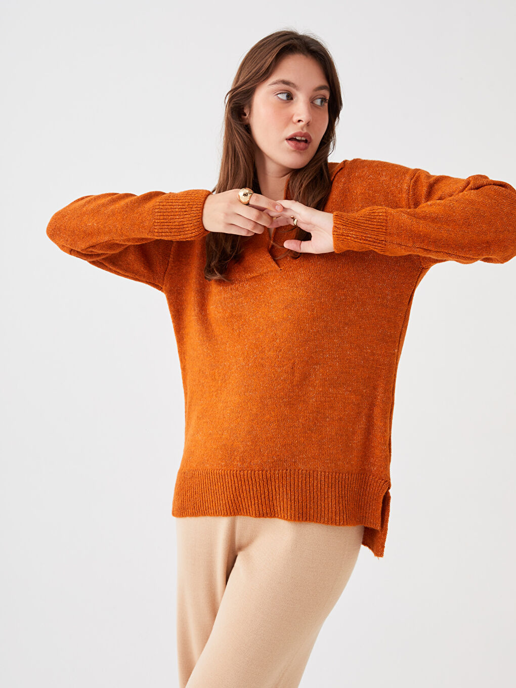 Turuncu Polo Yaka Kadın Triko Kazak-4