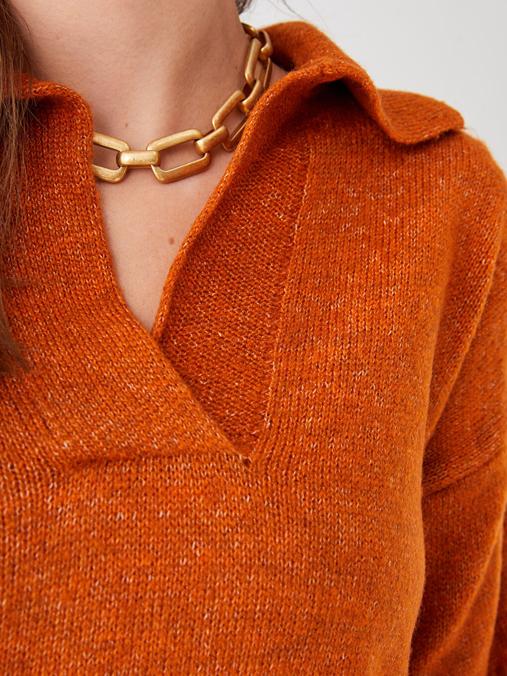 Turuncu Polo Yaka Kadın Triko Kazak-6