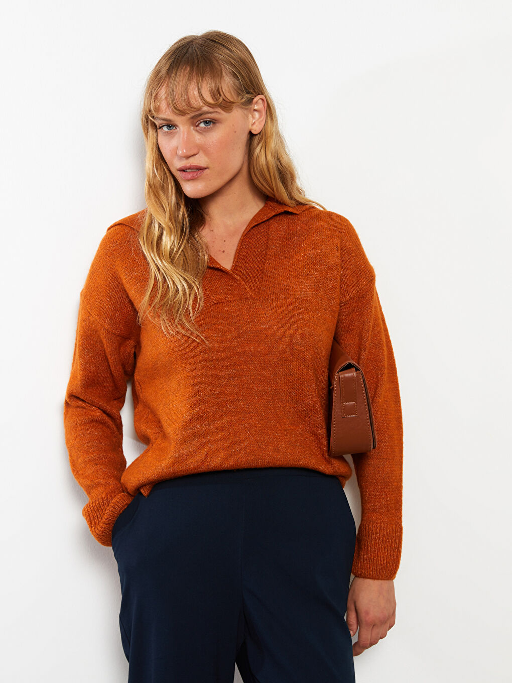 Turuncu Polo Yaka Kadın Triko Kazak-1