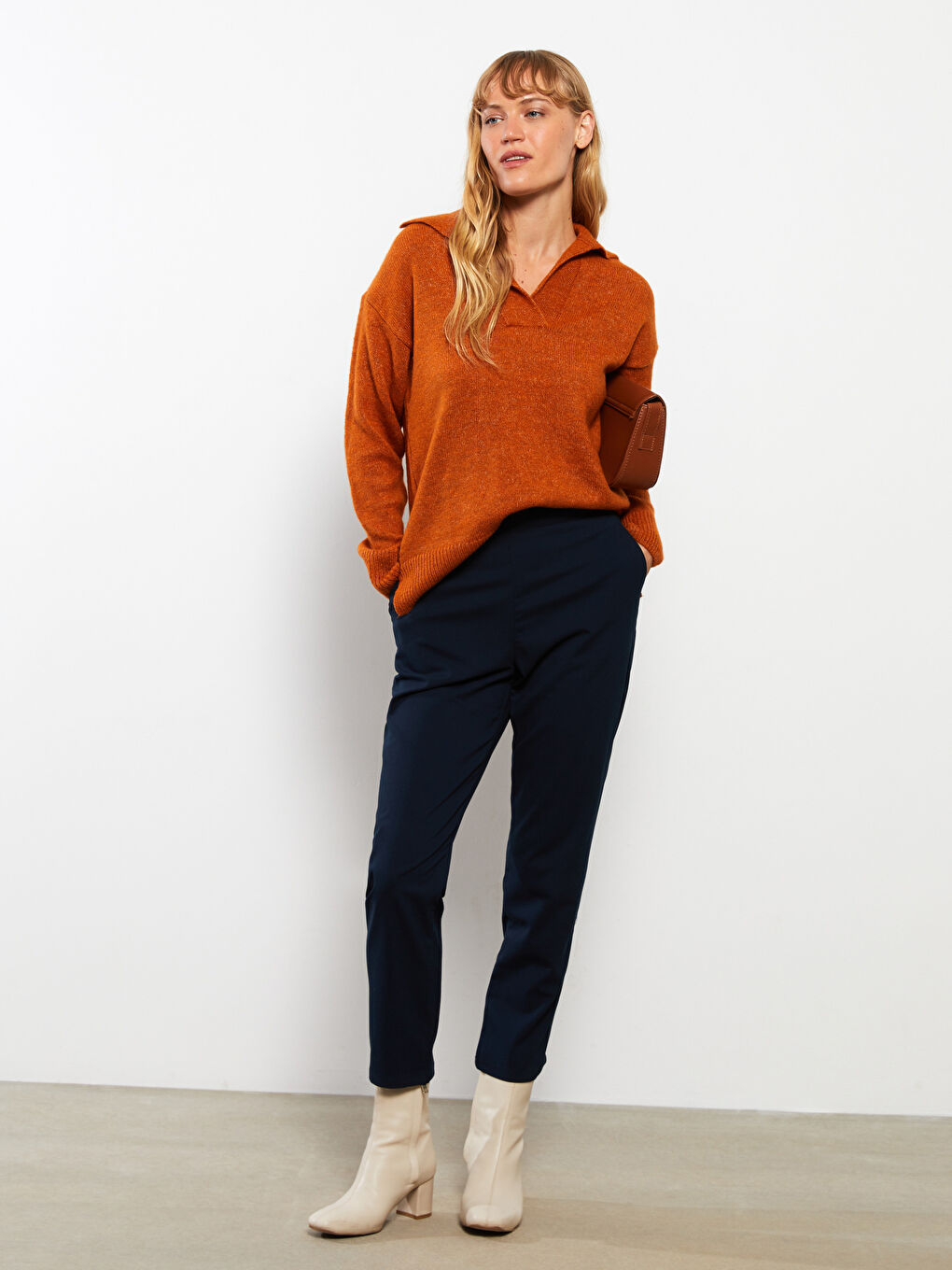 Turuncu Polo Yaka Kadın Triko Kazak-3