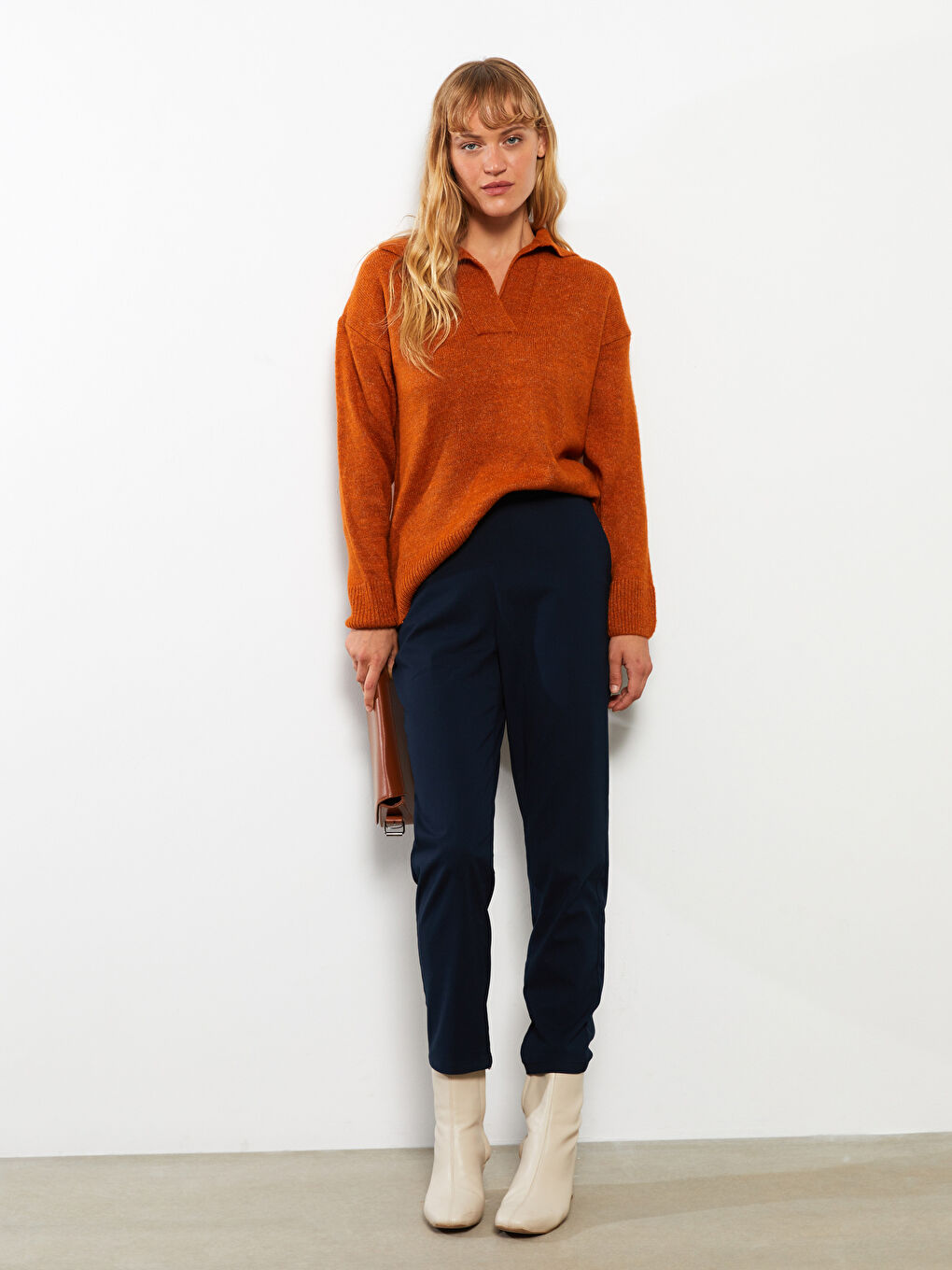 Turuncu Polo Yaka Kadın Triko Kazak-5