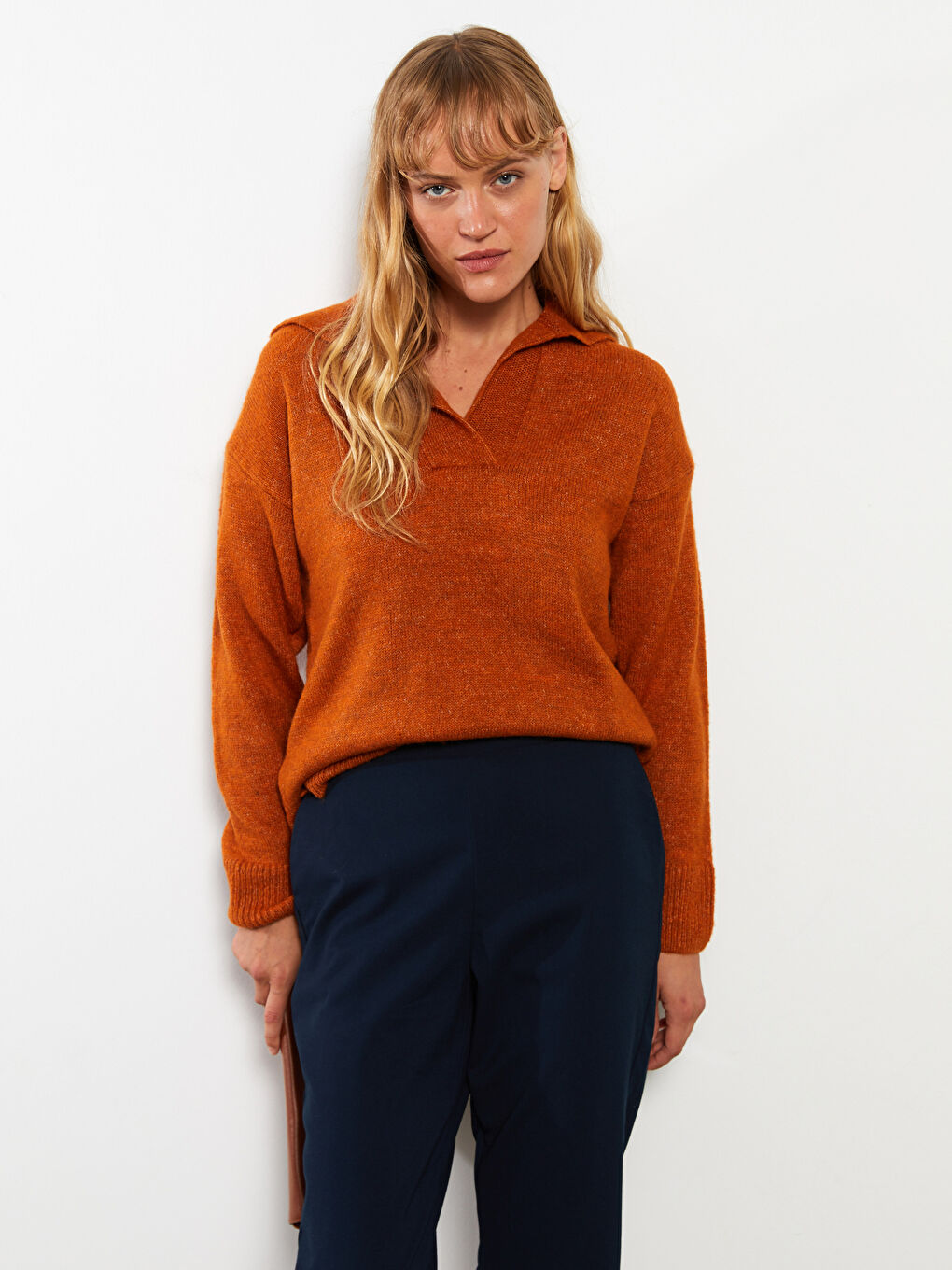 Turuncu Polo Yaka Kadın Triko Kazak-7