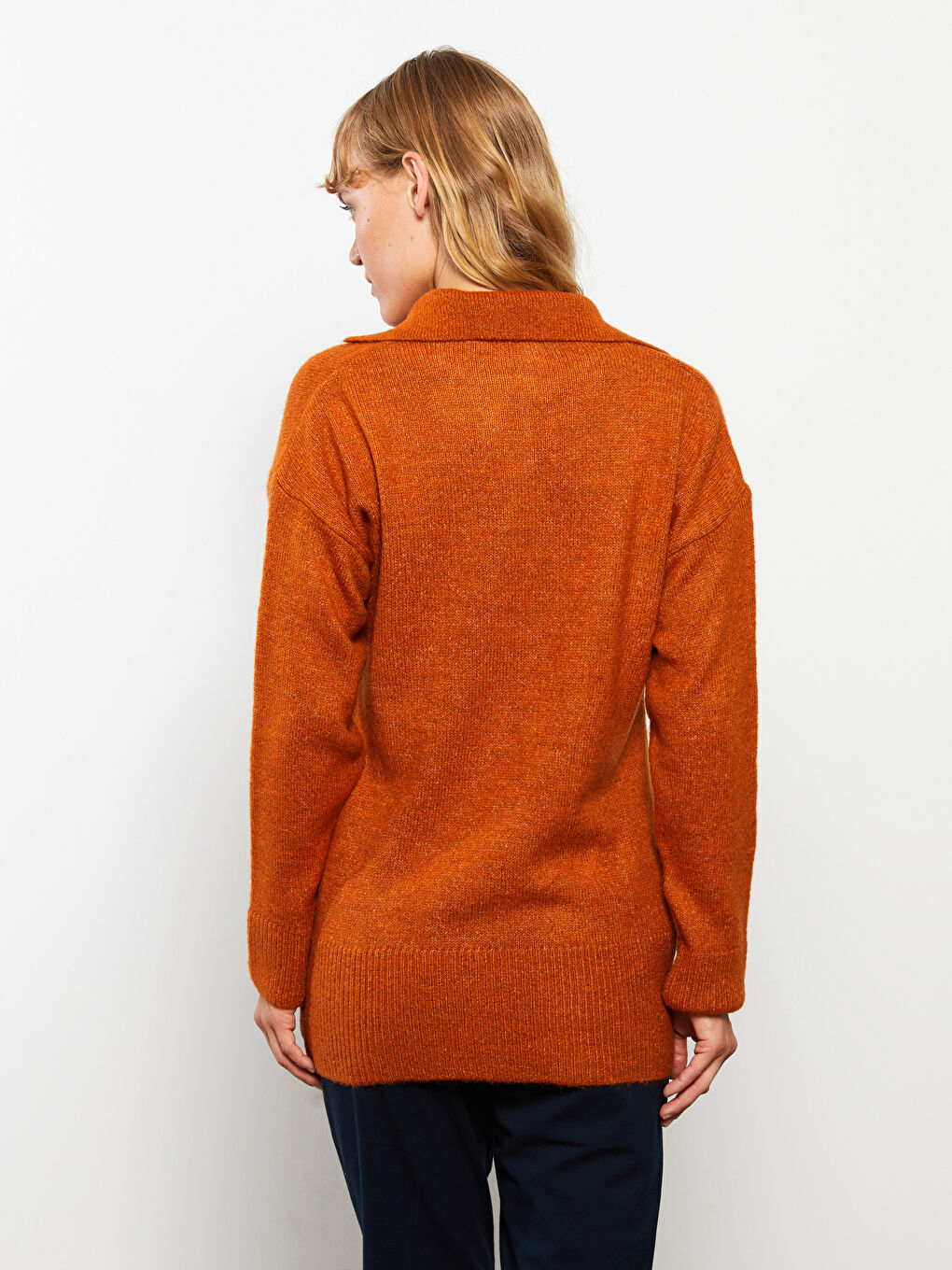 Turuncu Polo Yaka Kadın Triko Kazak-10