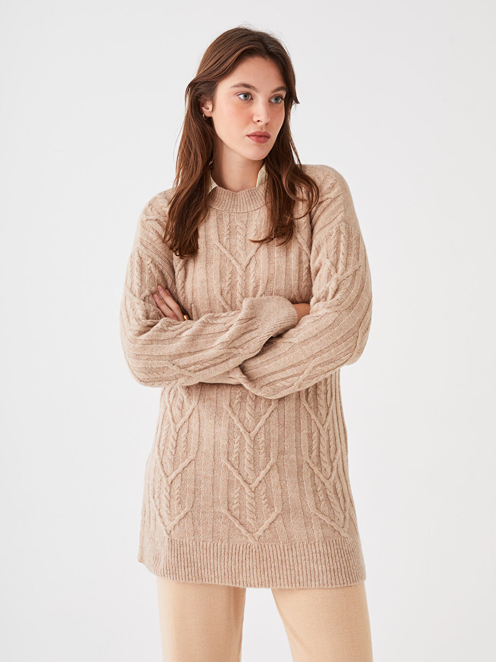 Bej Bisiklet Yaka Kendinden Desenli Uzun Kollu Kadın Triko  Kazak