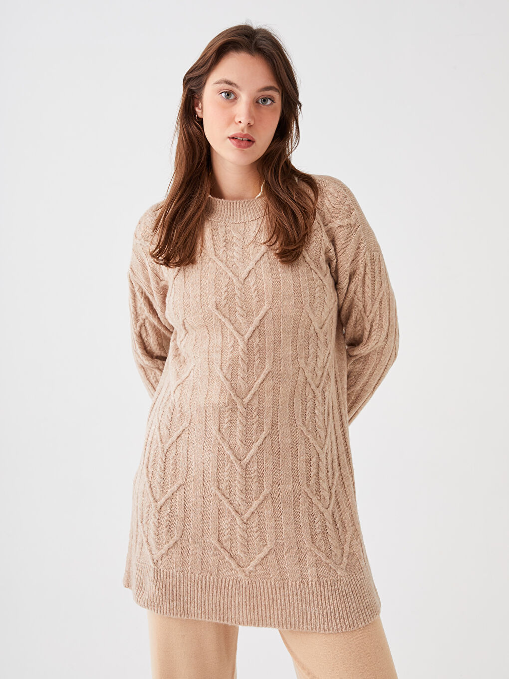 Bej Bisiklet Yaka Kendinden Desenli Uzun Kollu Kadın Triko  Kazak-4