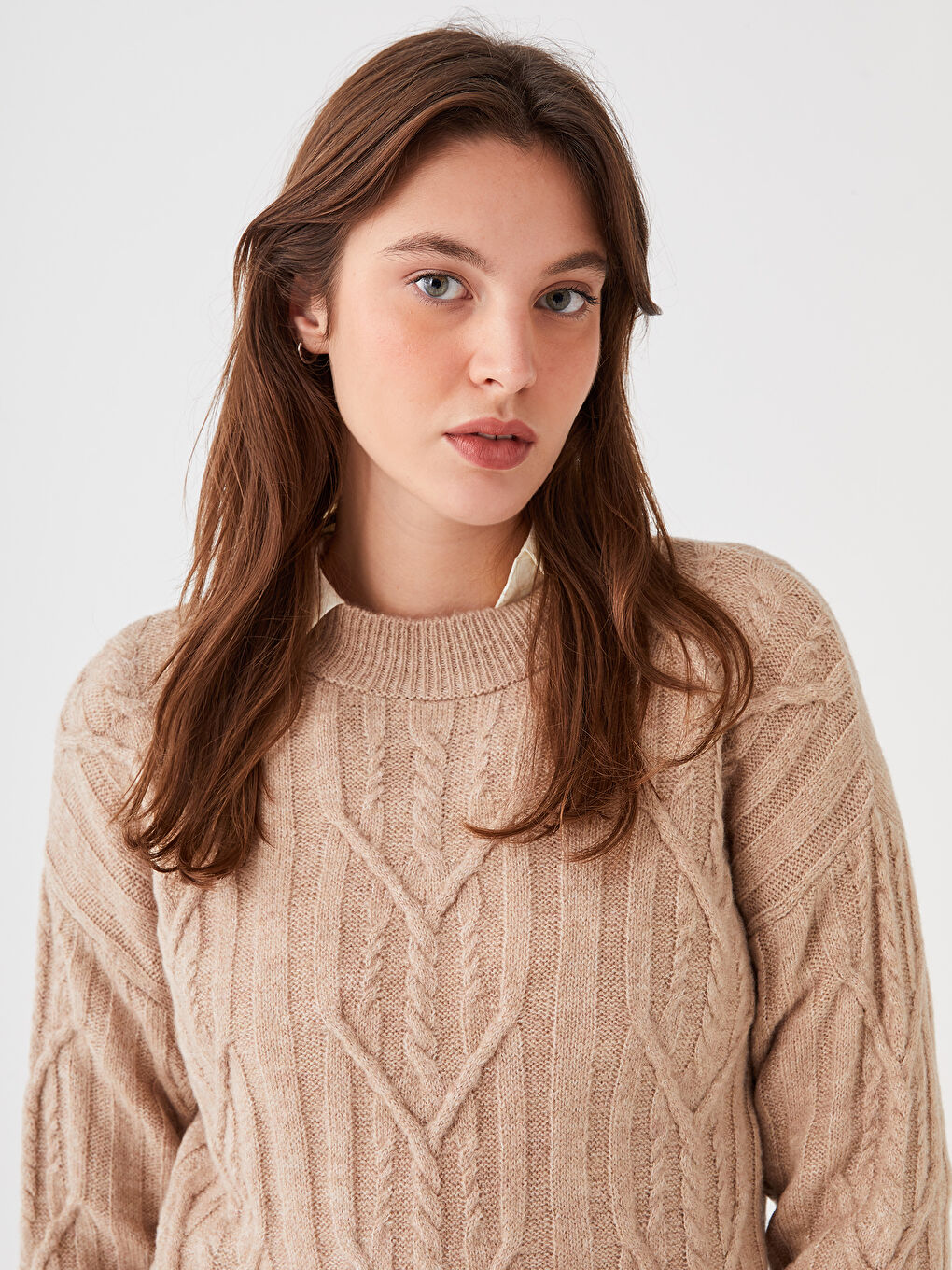 Bej Bisiklet Yaka Kendinden Desenli Uzun Kollu Kadın Triko  Kazak-6