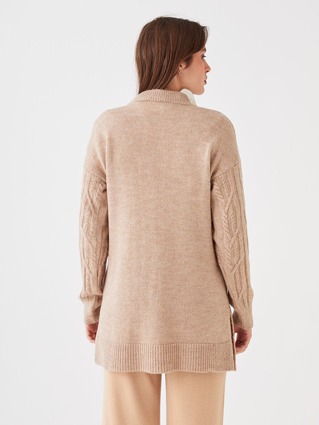 Bej Bisiklet Yaka Kendinden Desenli Uzun Kollu Kadın Triko  Kazak-10