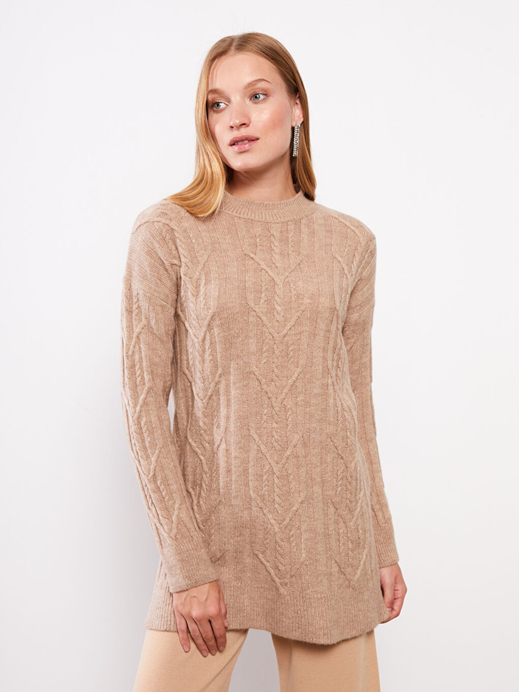 Bej Bisiklet Yaka Kendinden Desenli Uzun Kollu Kadın Triko  Kazak-3