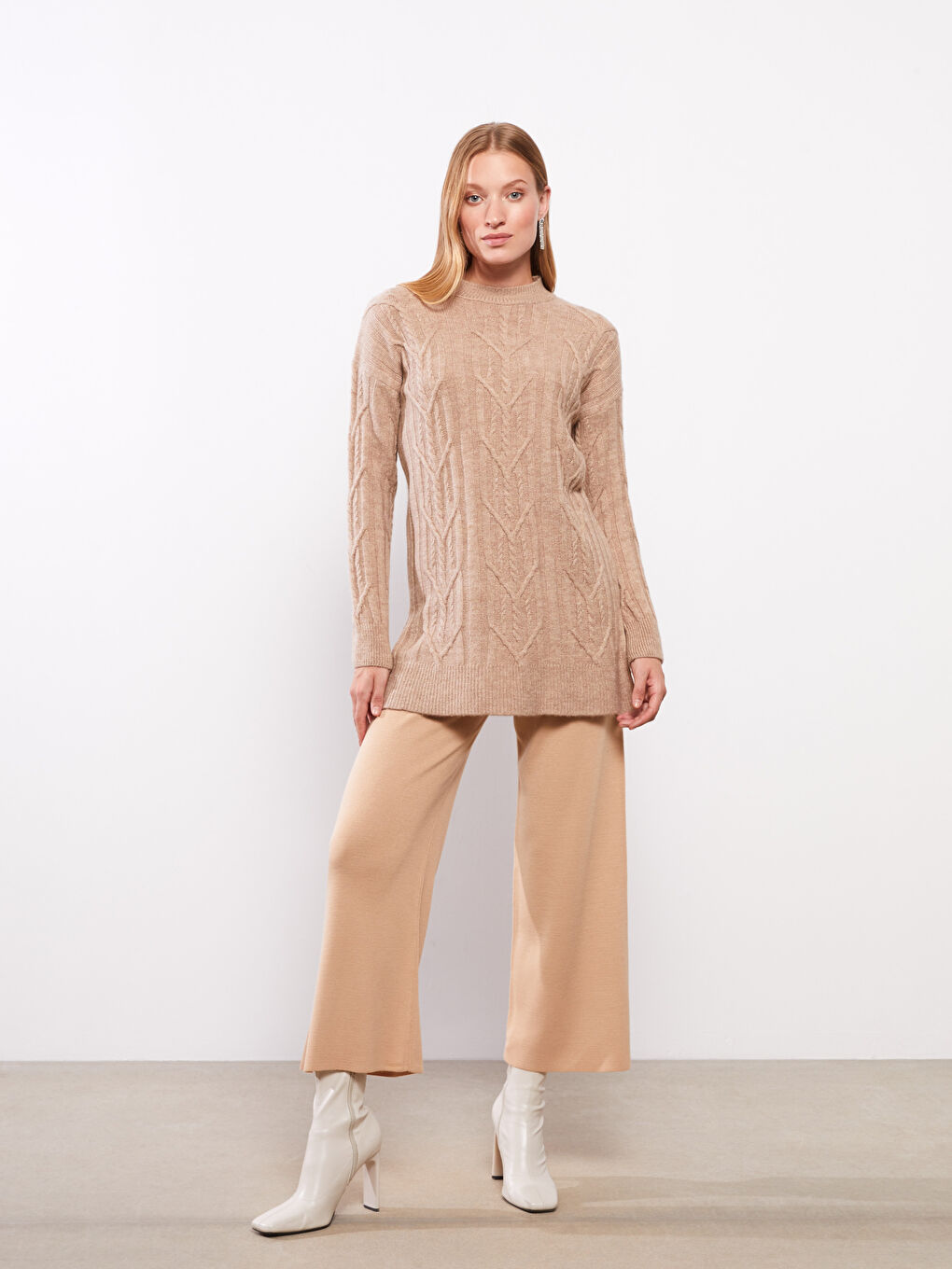 Bej Bisiklet Yaka Kendinden Desenli Uzun Kollu Kadın Triko  Kazak-5