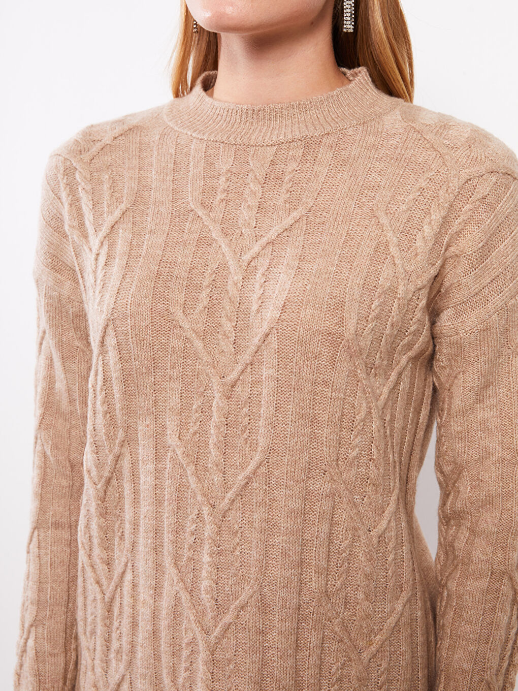 Bej Bisiklet Yaka Kendinden Desenli Uzun Kollu Kadın Triko  Kazak-7