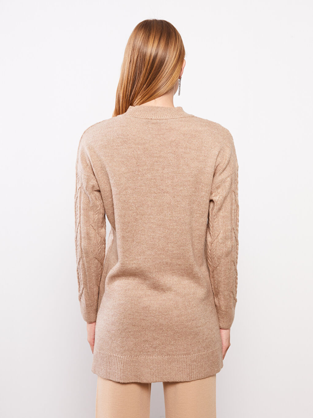 Bej Bisiklet Yaka Kendinden Desenli Uzun Kollu Kadın Triko  Kazak-9