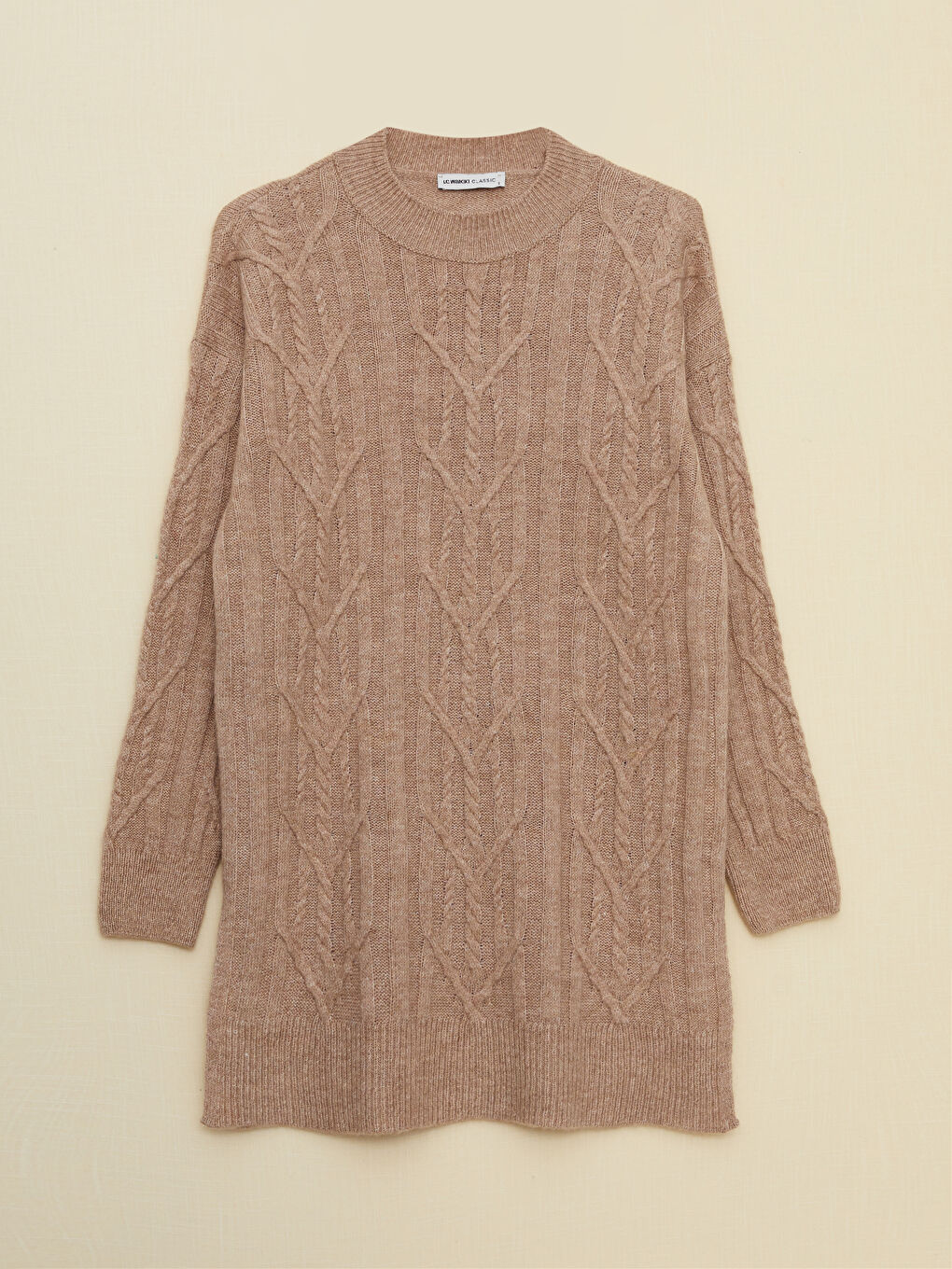 Bej Bisiklet Yaka Kendinden Desenli Uzun Kollu Kadın Triko  Kazak-11