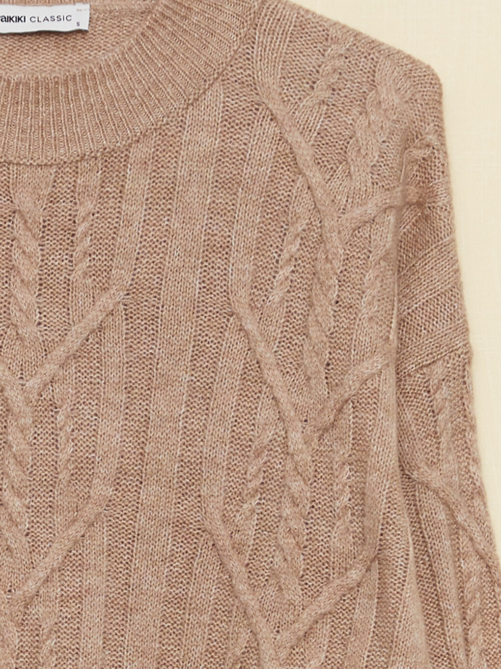 Bej Bisiklet Yaka Kendinden Desenli Uzun Kollu Kadın Triko  Kazak-13