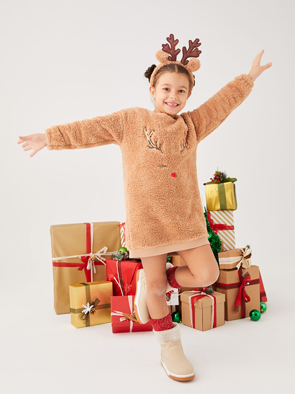 Crew Neck Christmas Themed Long Sleeve Plush Girl Dress and Crown -W2BM19Z4-GCU