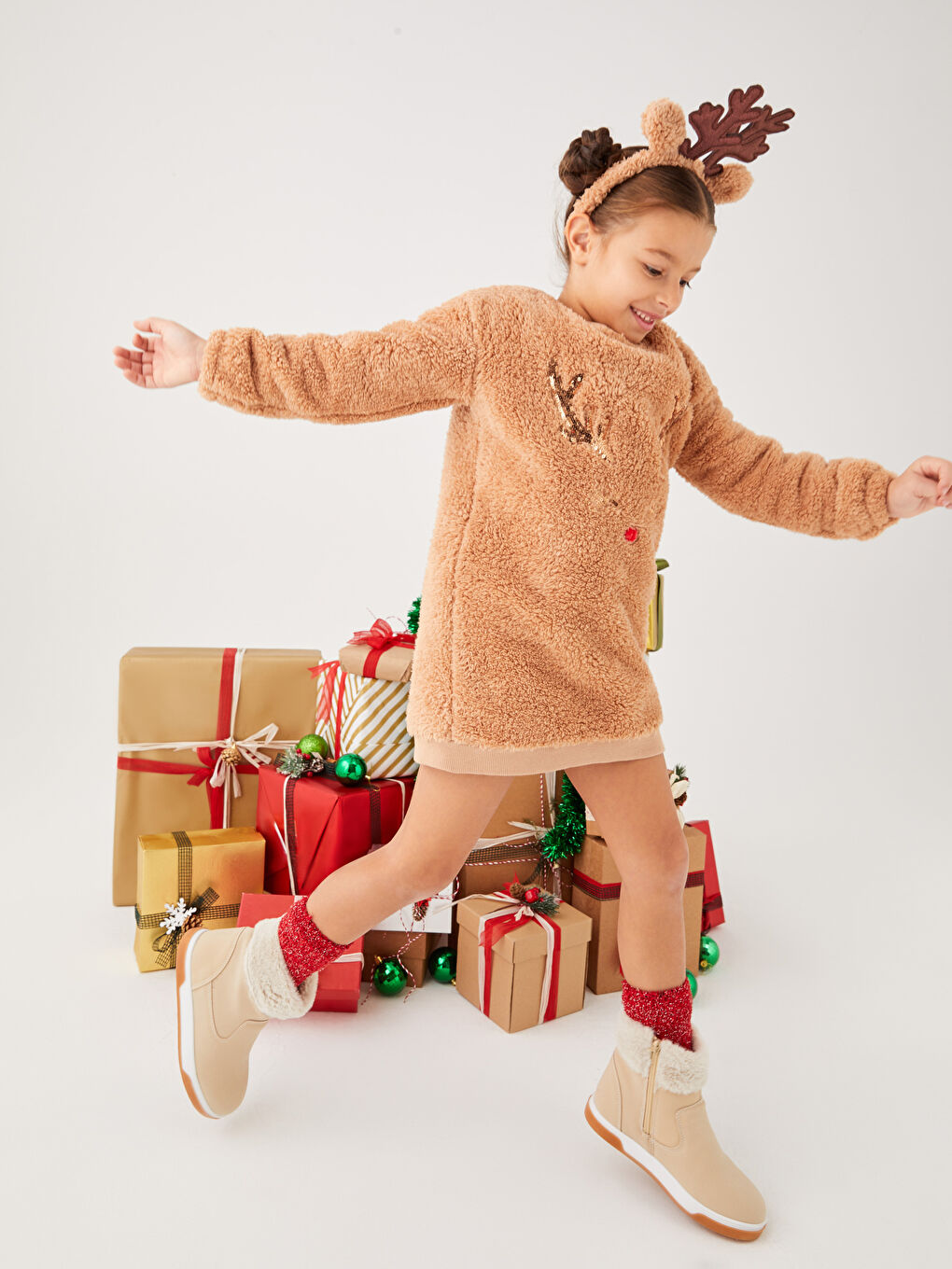 Crew Neck Christmas Themed Long Sleeve Plush Girl Dress and Crown -W2BM19Z4-GCU