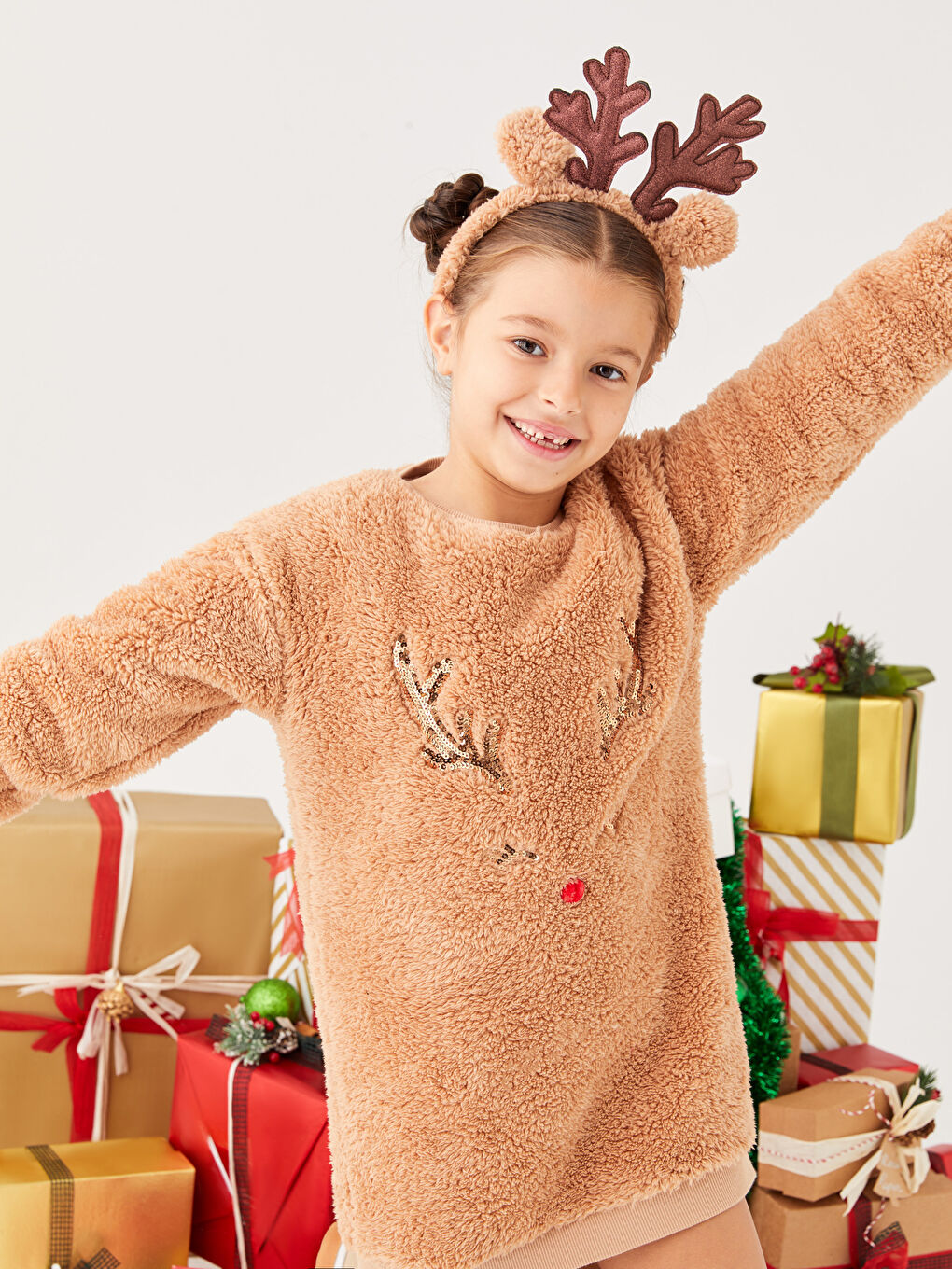 Crew Neck Christmas Themed Long Sleeve Plush Girl Dress and Crown -W2BM19Z4-GCU