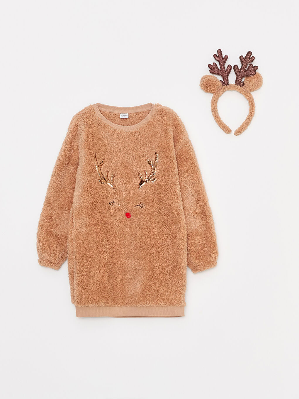 Crew Neck Christmas Themed Long Sleeve Plush Girl Dress and Crown -W2BM19Z4-GCU