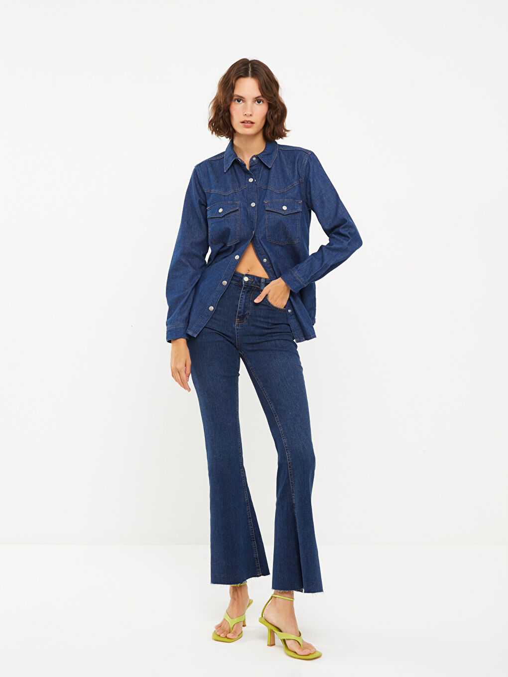 İndigo Önden Düğme Kapamalı Düz Uzun Kollu Kadın Jean Gömlek-2