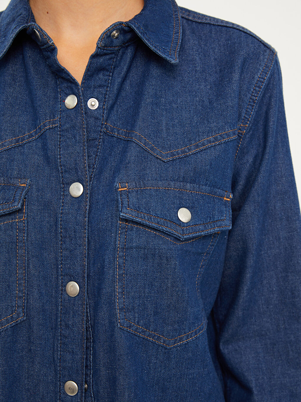 İndigo Önden Düğme Kapamalı Düz Uzun Kollu Kadın Jean Gömlek-3