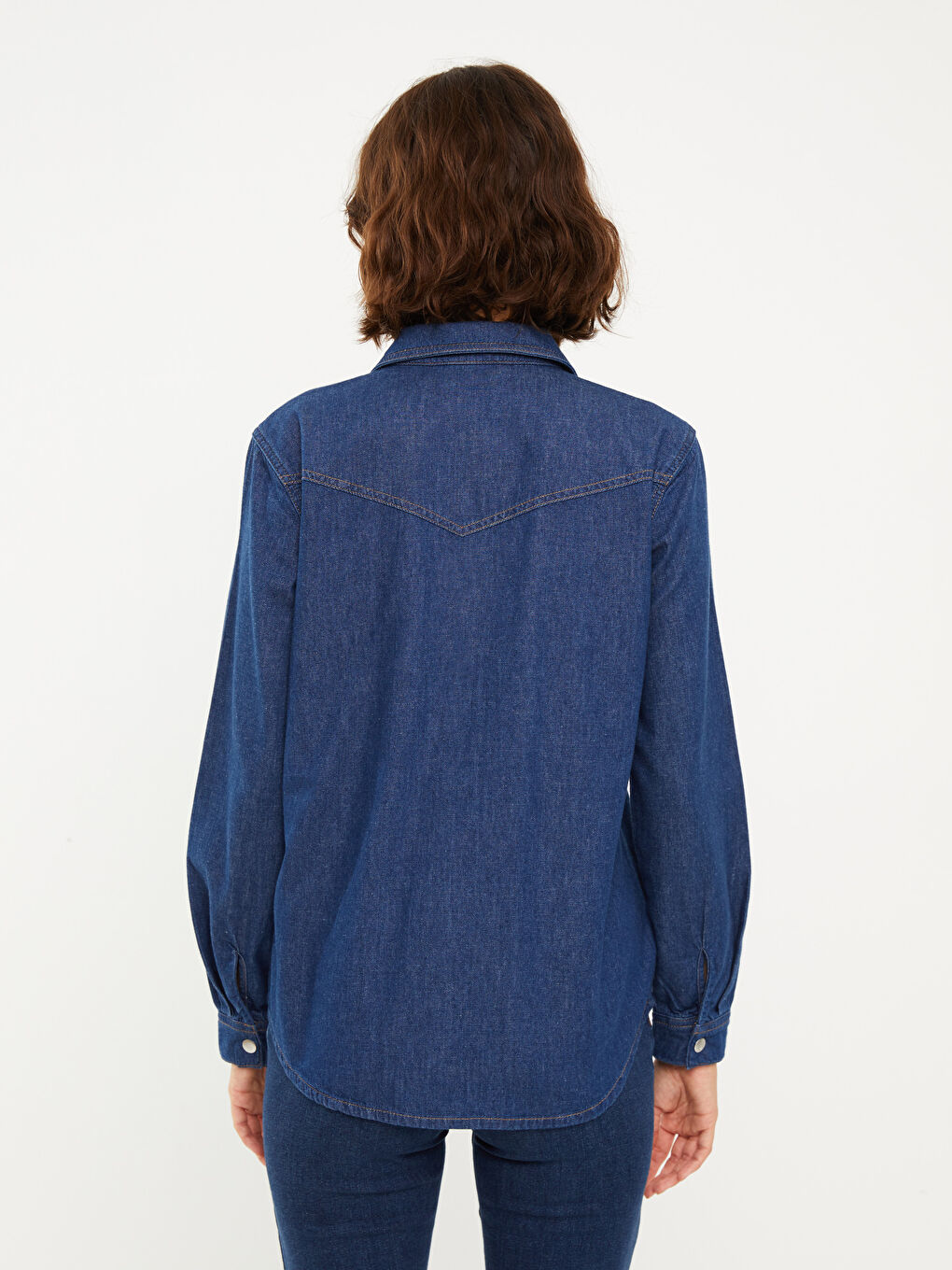 İndigo Önden Düğme Kapamalı Düz Uzun Kollu Kadın Jean Gömlek-4
