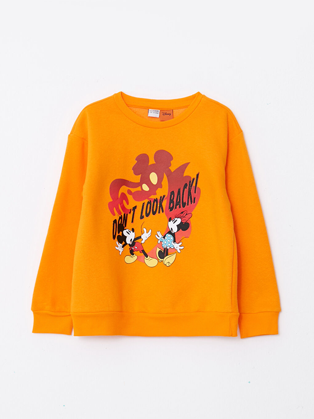 LCW Kids Canlı Turuncu Bisiklet Yaka Minnie ve Mickey Mouse Baskılı Uzun Kollu Kız Çocuk Sweatshirt