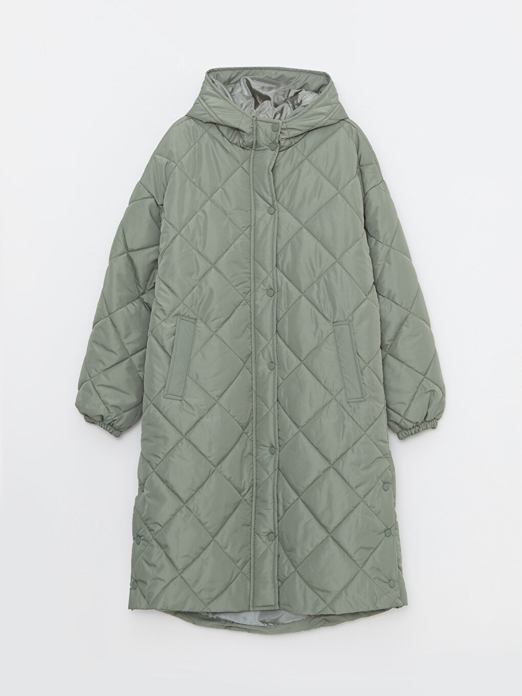 Yeşil Kapüşonlu Kapitone Desenli Uzun Kollu Kadın Şişme Mont-5