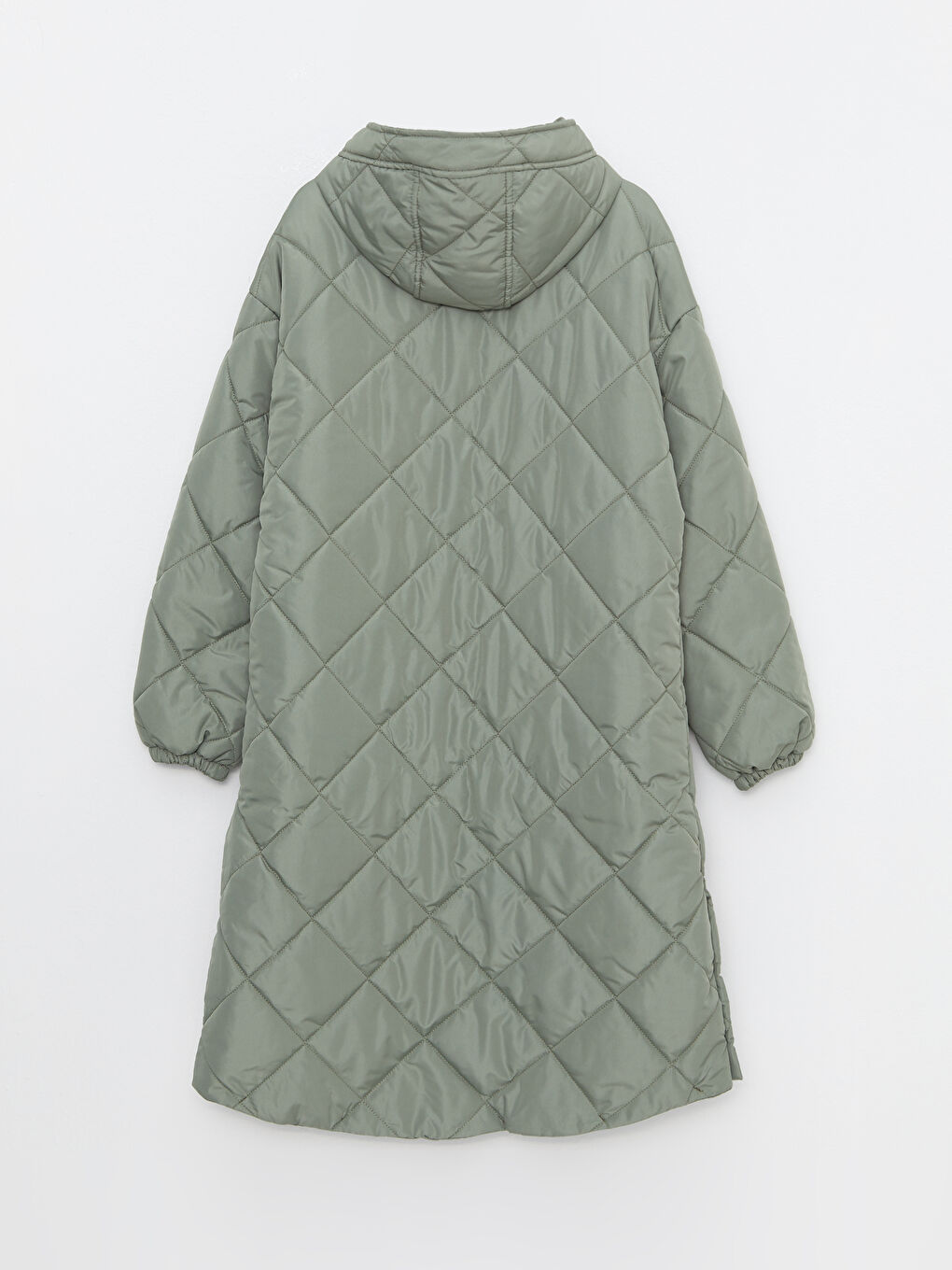 Yeşil Kapüşonlu Kapitone Desenli Uzun Kollu Kadın Şişme Mont-6