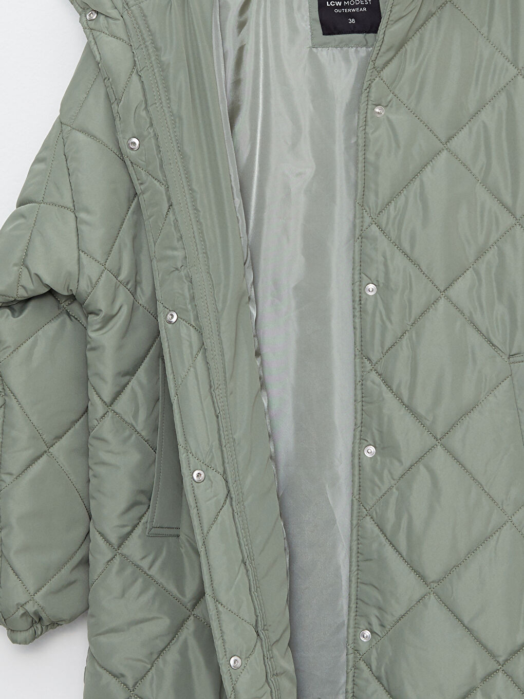 Yeşil Kapüşonlu Kapitone Desenli Uzun Kollu Kadın Şişme Mont-7