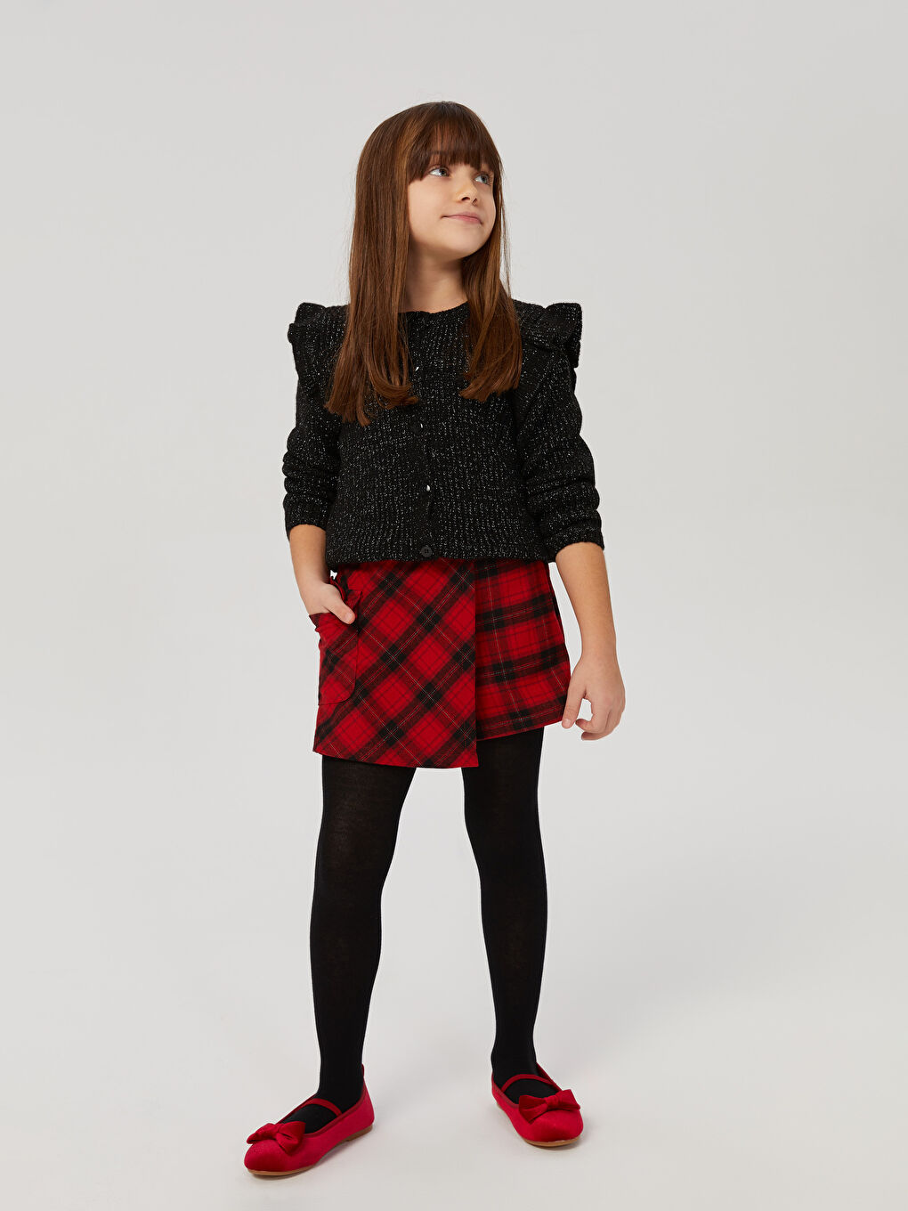 Kırmızı Beli Lastikli Ekose Kız Çocuk Şort Etek ve Külotlu Çorap-1