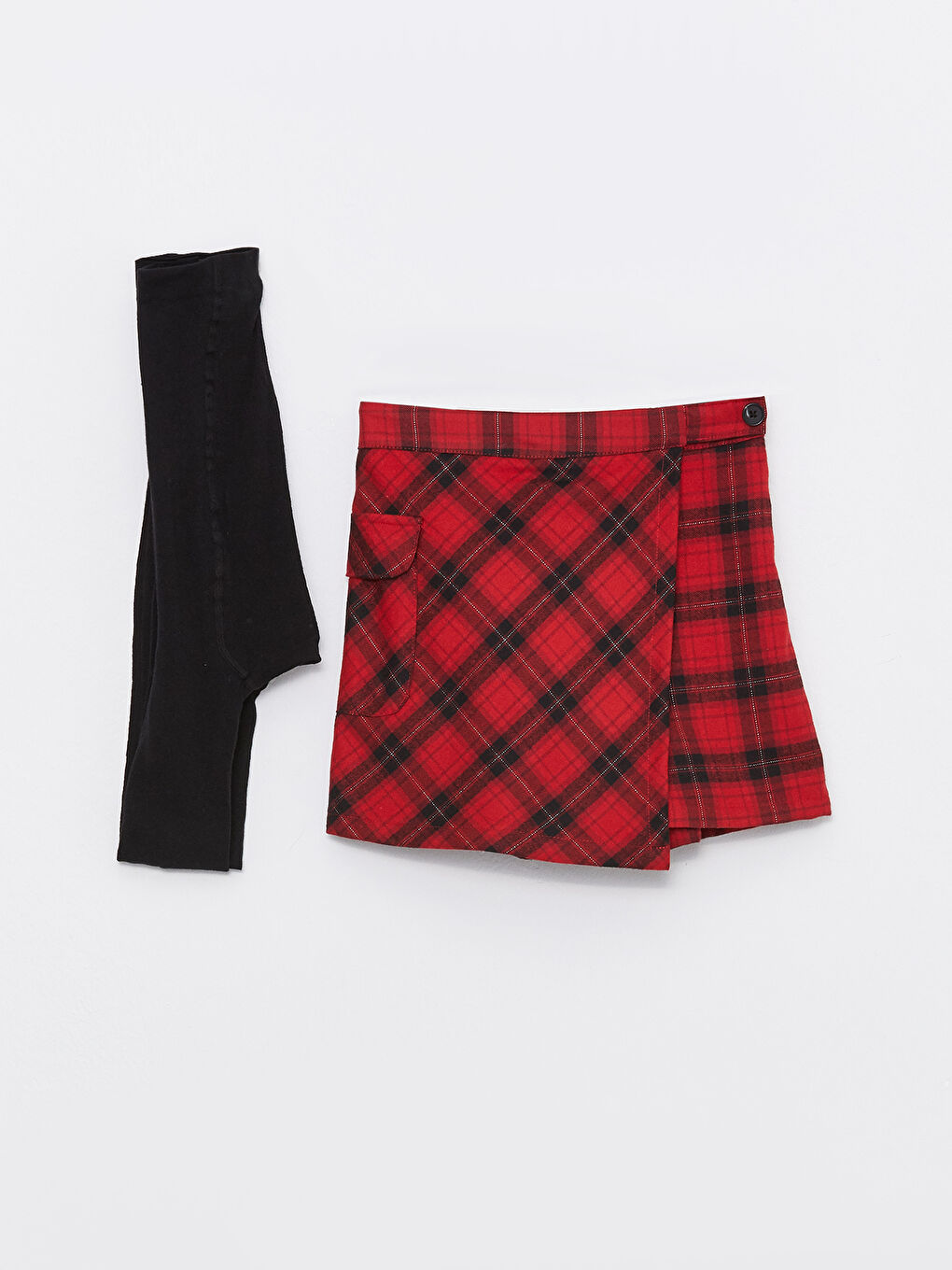 Kırmızı Beli Lastikli Ekose Kız Çocuk Şort Etek ve Külotlu Çorap-2