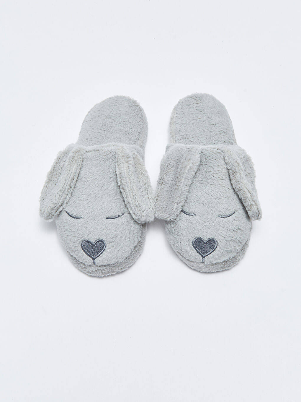 Gri 3D Aplike Detaylı Nakışlı Pelüş Kadın Ev Terliği-2