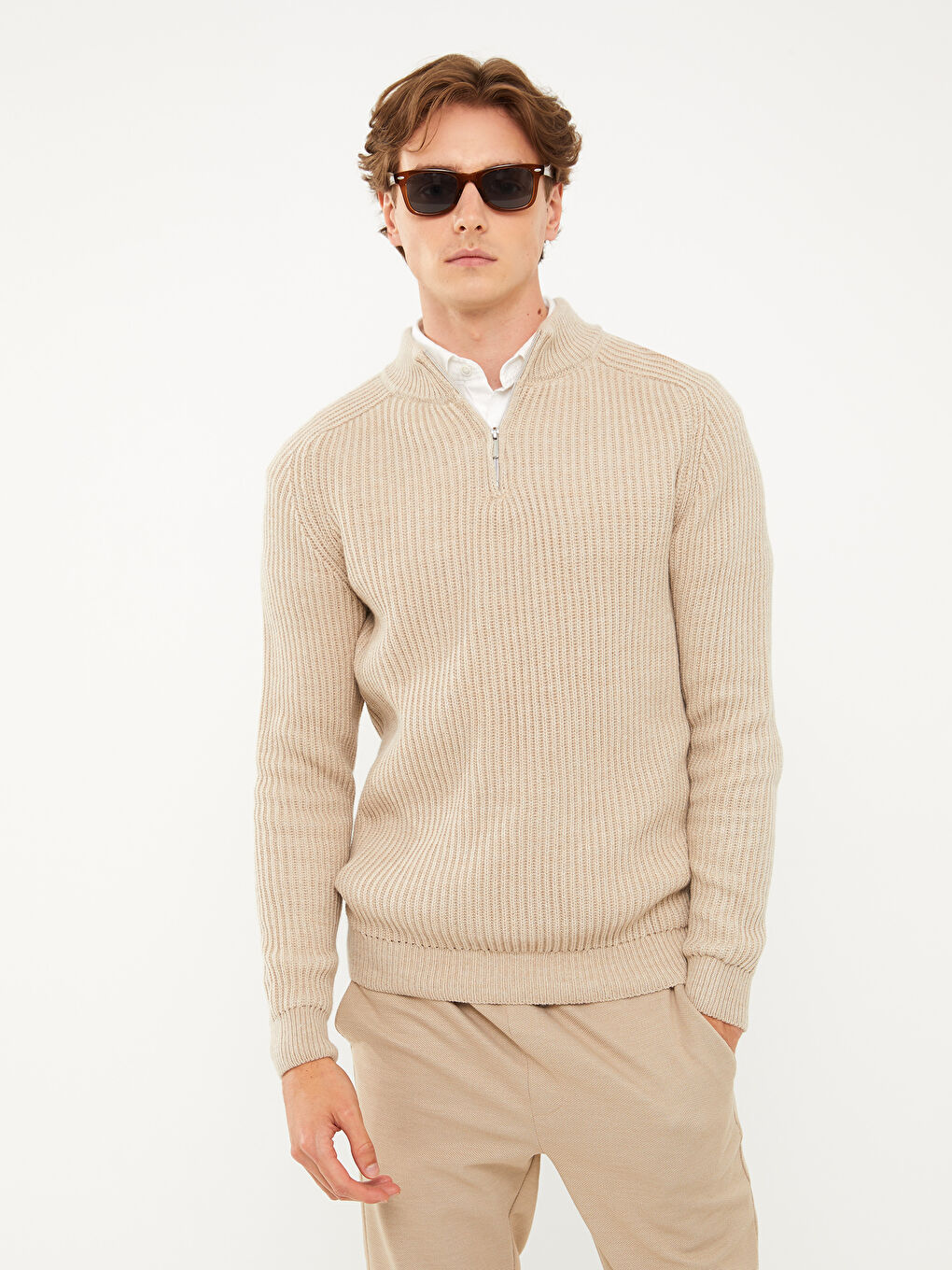 Bej Dik Yaka Uzun Kollu Erkek Triko Kazak