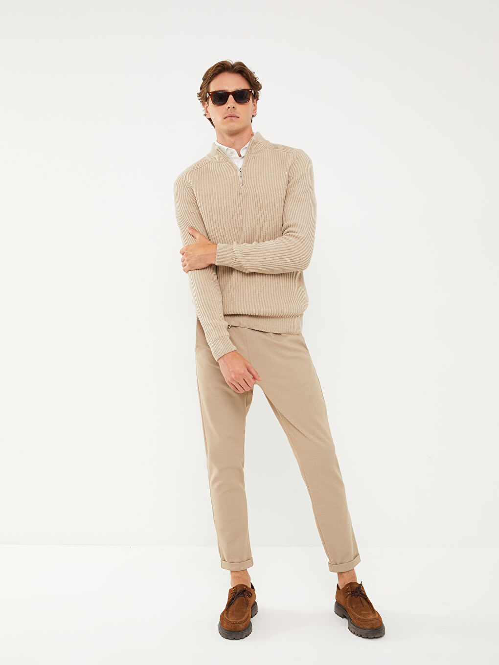 Bej Dik Yaka Uzun Kollu Erkek Triko Kazak-2