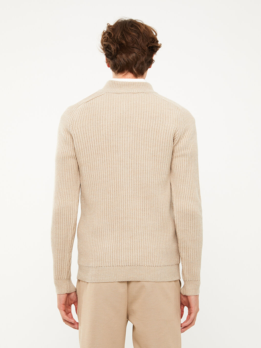 Bej Dik Yaka Uzun Kollu Erkek Triko Kazak-4