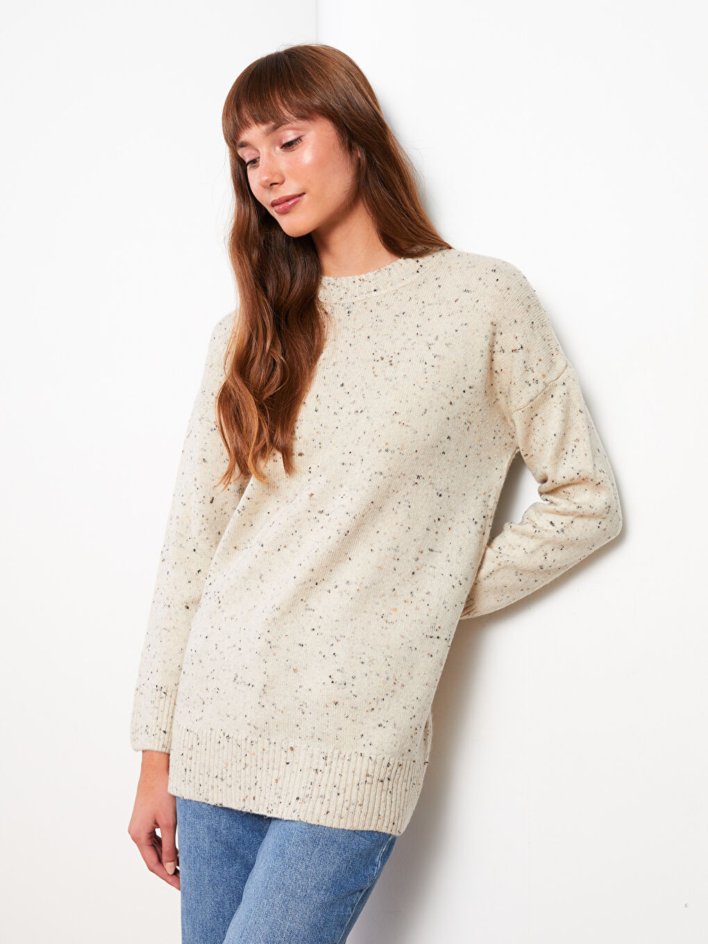 Ekru Bisiklet Yaka Desenli Uzun Kollu Kadın Triko Tunik