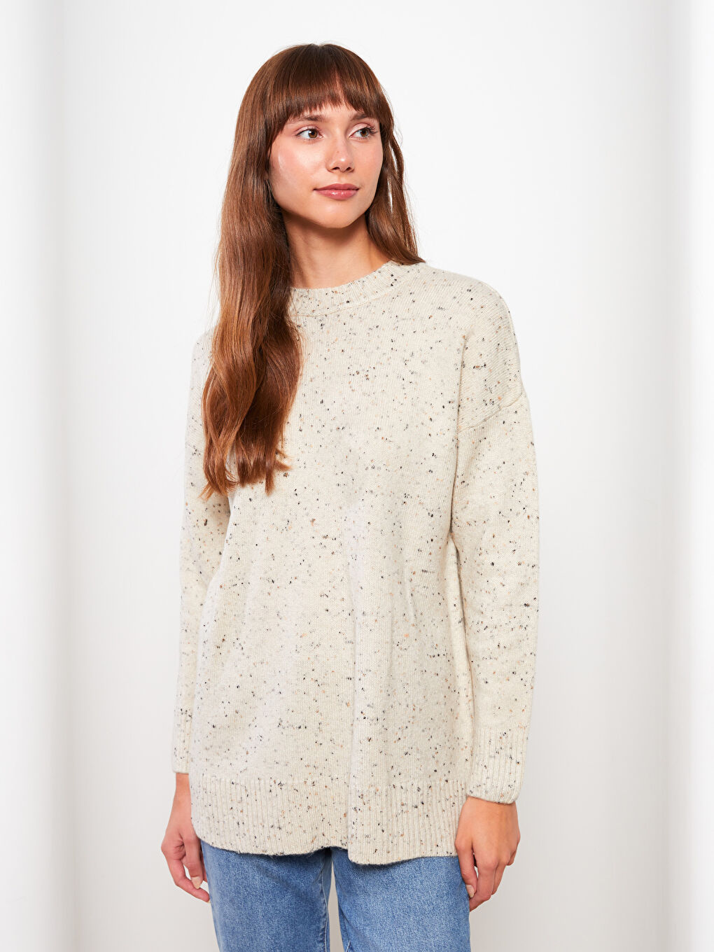 Ekru Bisiklet Yaka Desenli Uzun Kollu Kadın Triko Tunik-1