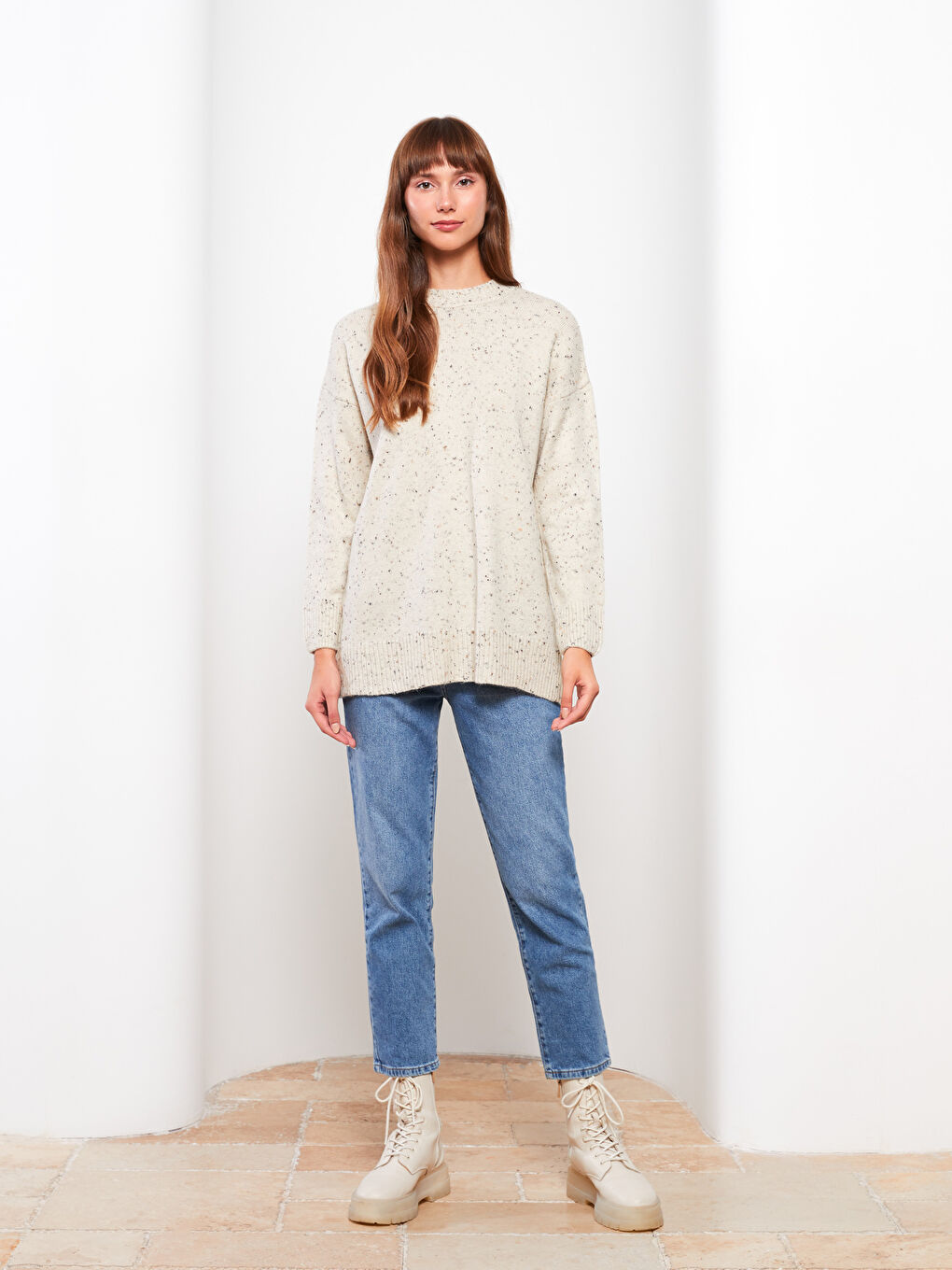 Ekru Bisiklet Yaka Desenli Uzun Kollu Kadın Triko Tunik-2