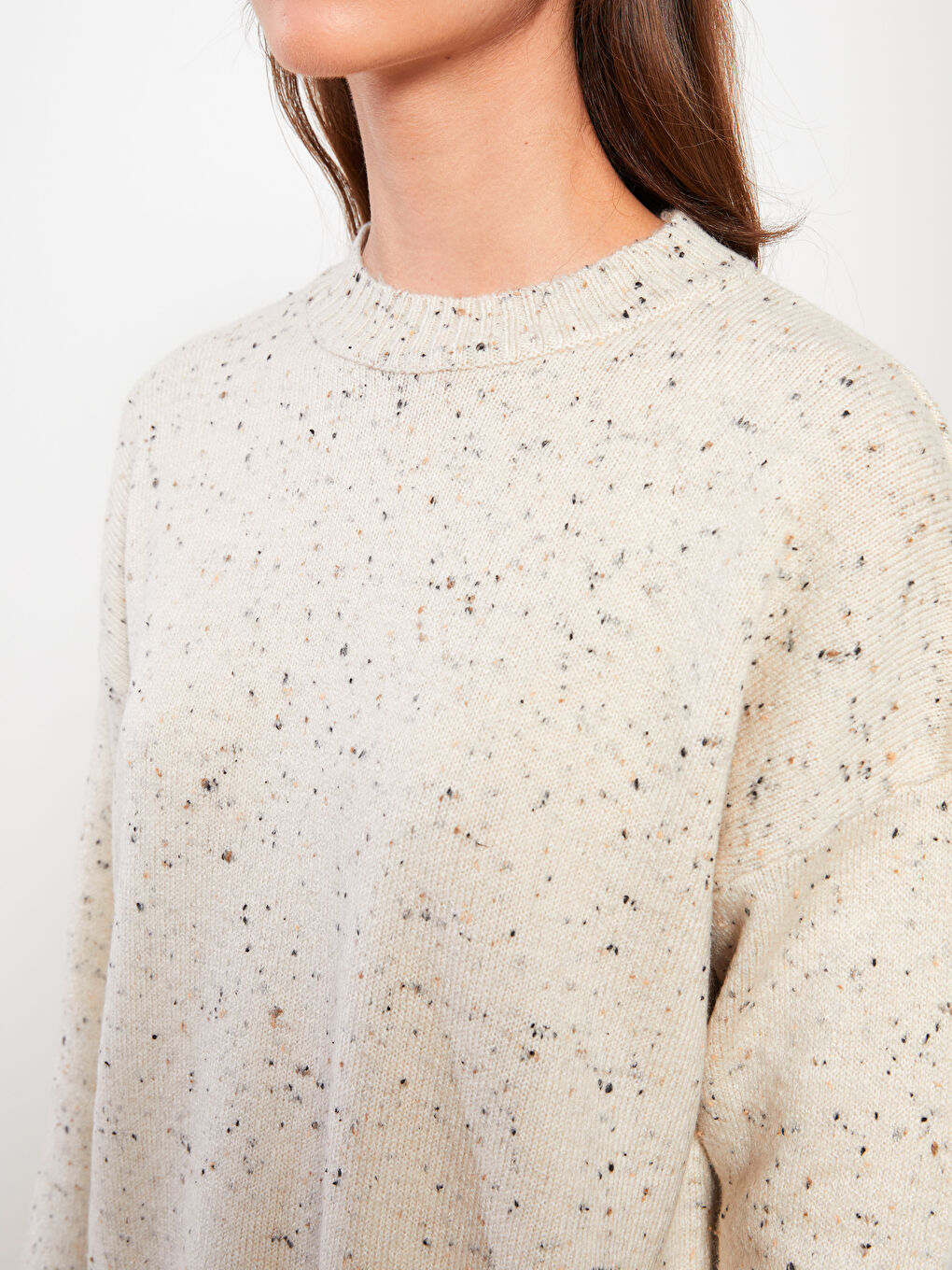 Ekru Bisiklet Yaka Desenli Uzun Kollu Kadın Triko Tunik-3