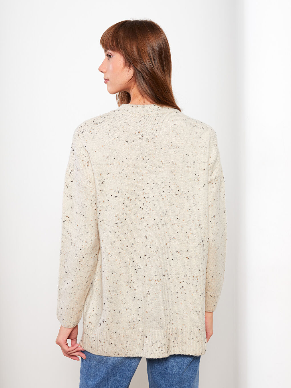 Ekru Bisiklet Yaka Desenli Uzun Kollu Kadın Triko Tunik-4