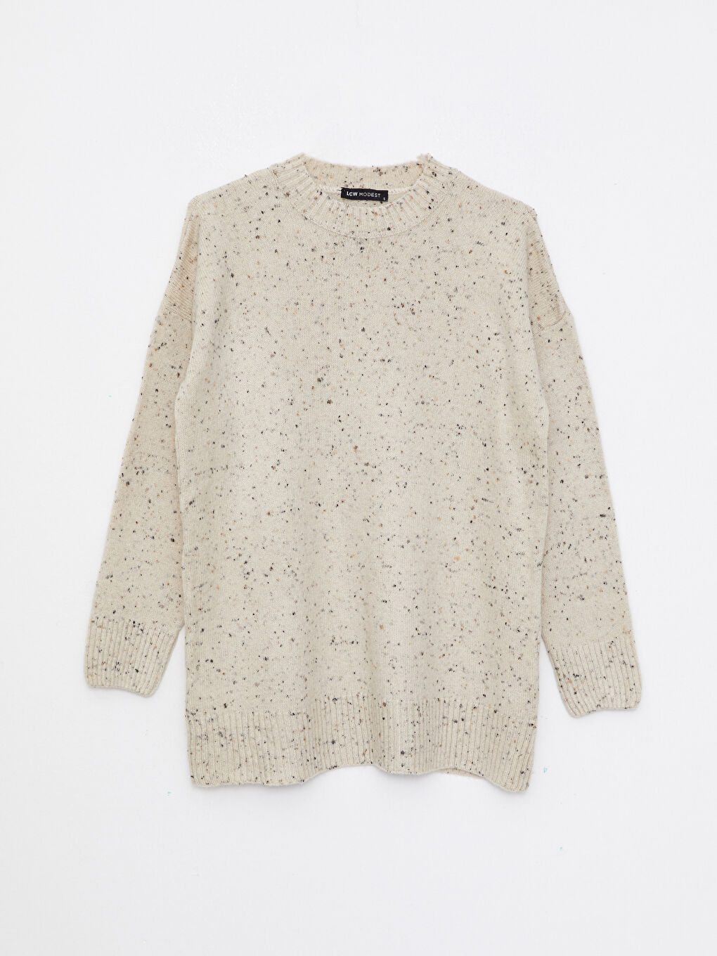 Ekru Bisiklet Yaka Desenli Uzun Kollu Kadın Triko Tunik-5