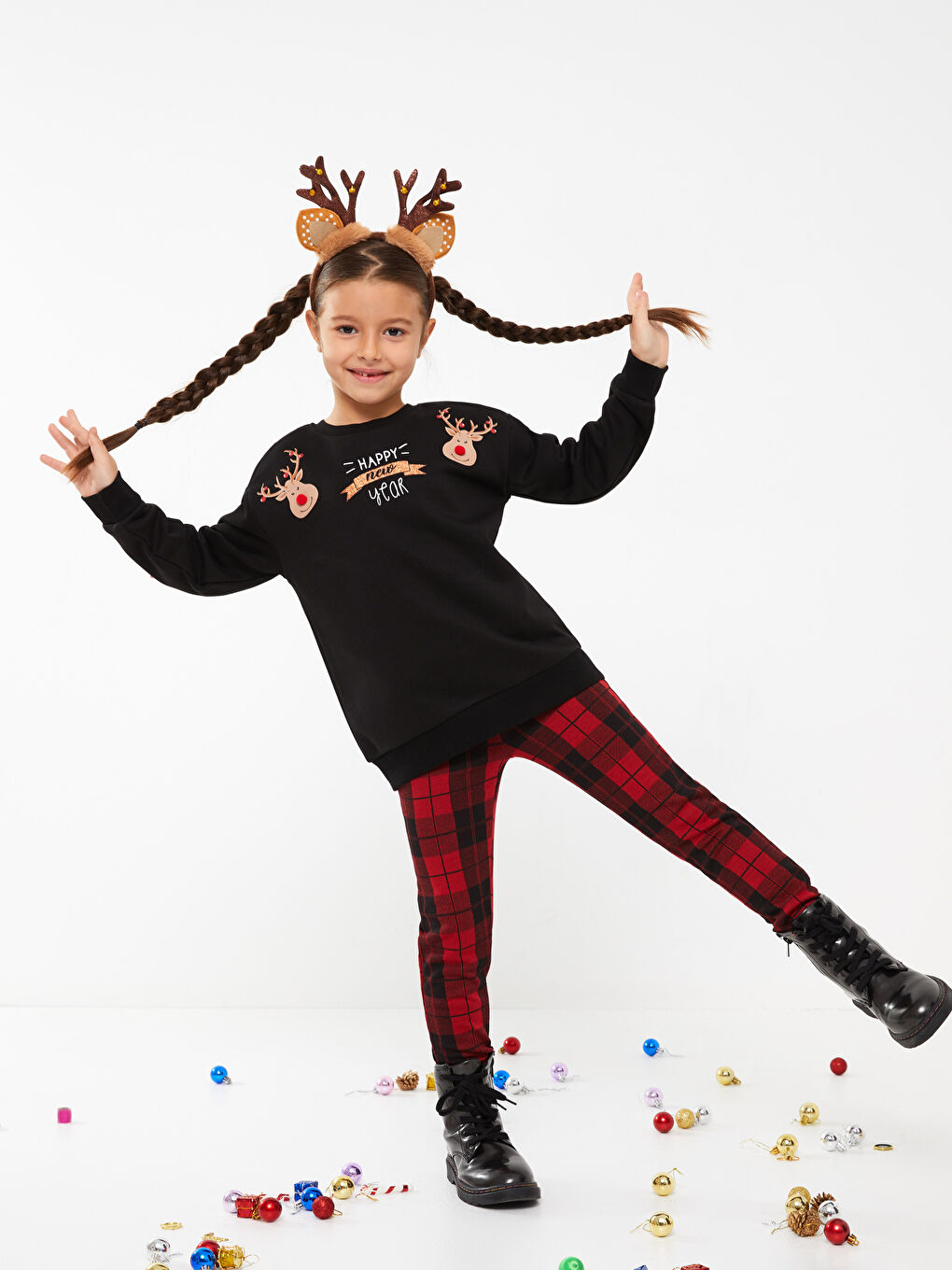 Свитшот с круглым вырезом, новогодней тематикой и длинным рукавом для девочки-2