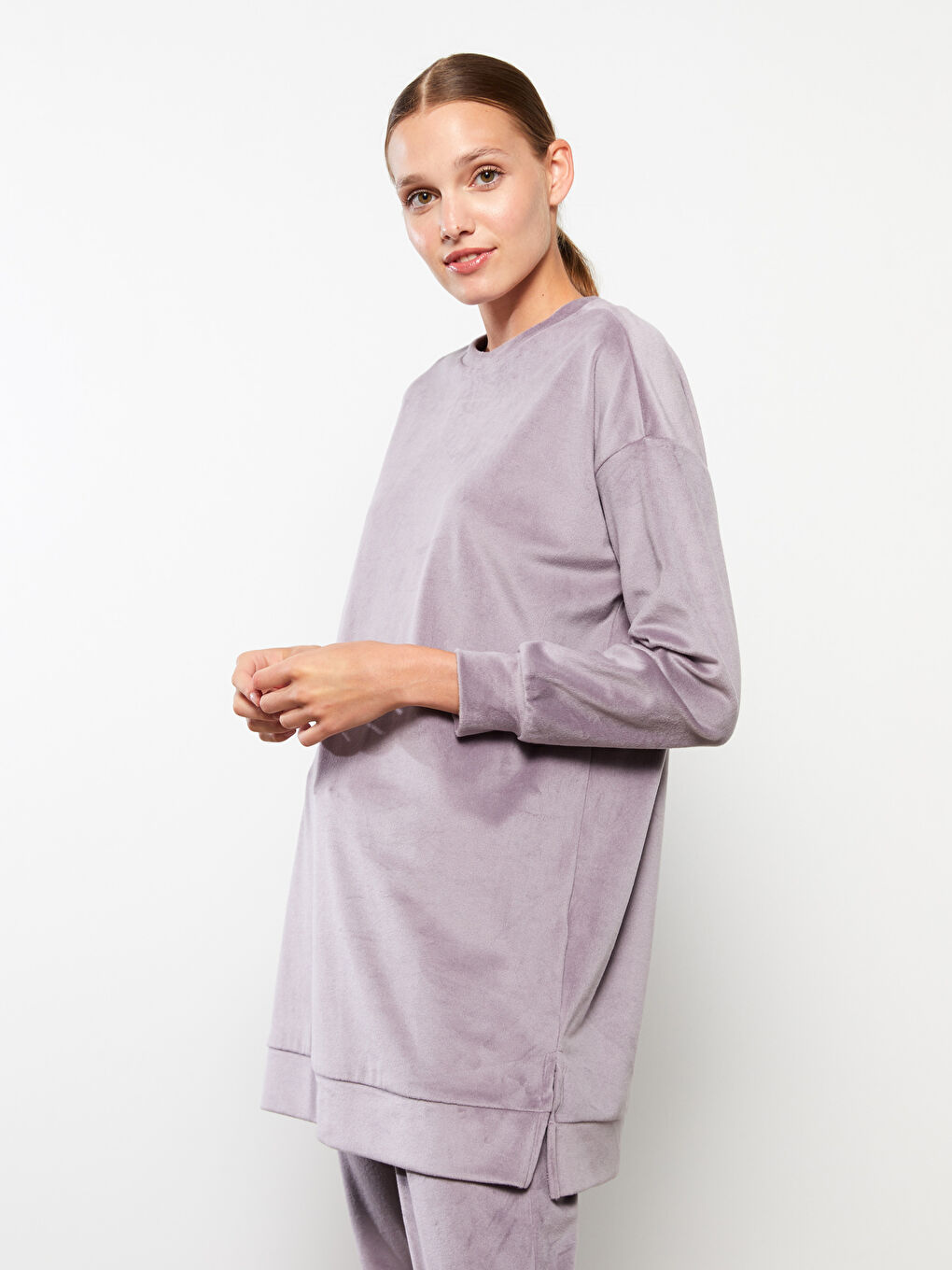 Lila Bisiklet Yaka Oversize Kadın Sweatshirt-2