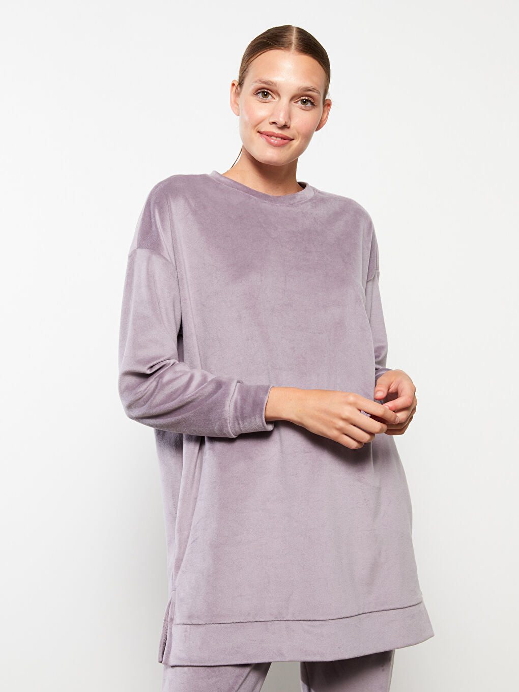 Lila Bisiklet Yaka Oversize Kadın Sweatshirt-4