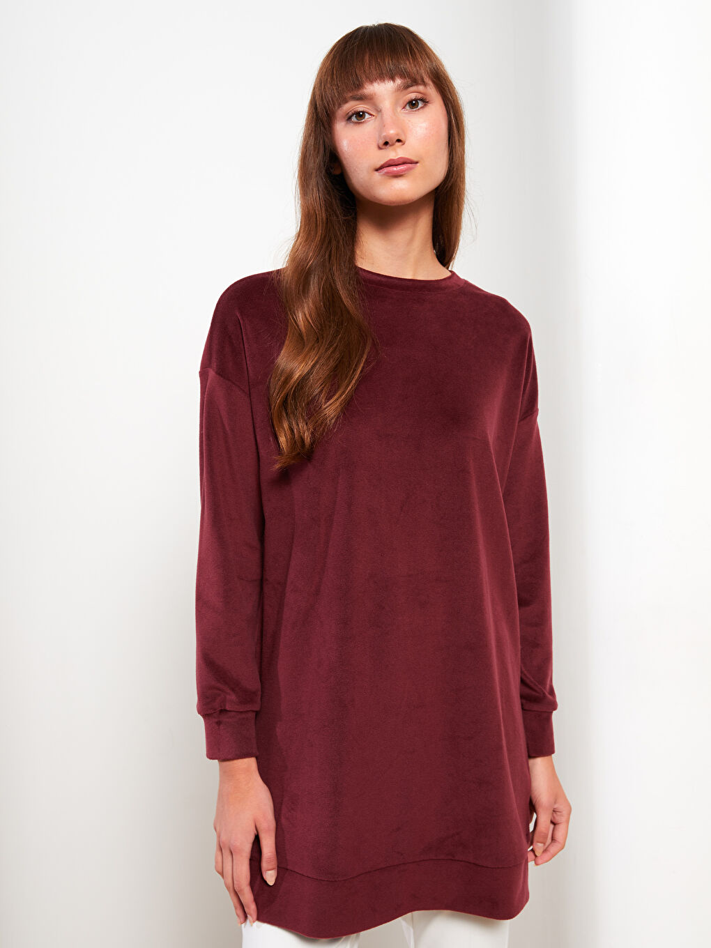 Bordo Bisiklet Yaka Oversize Kadın Sweatshirt