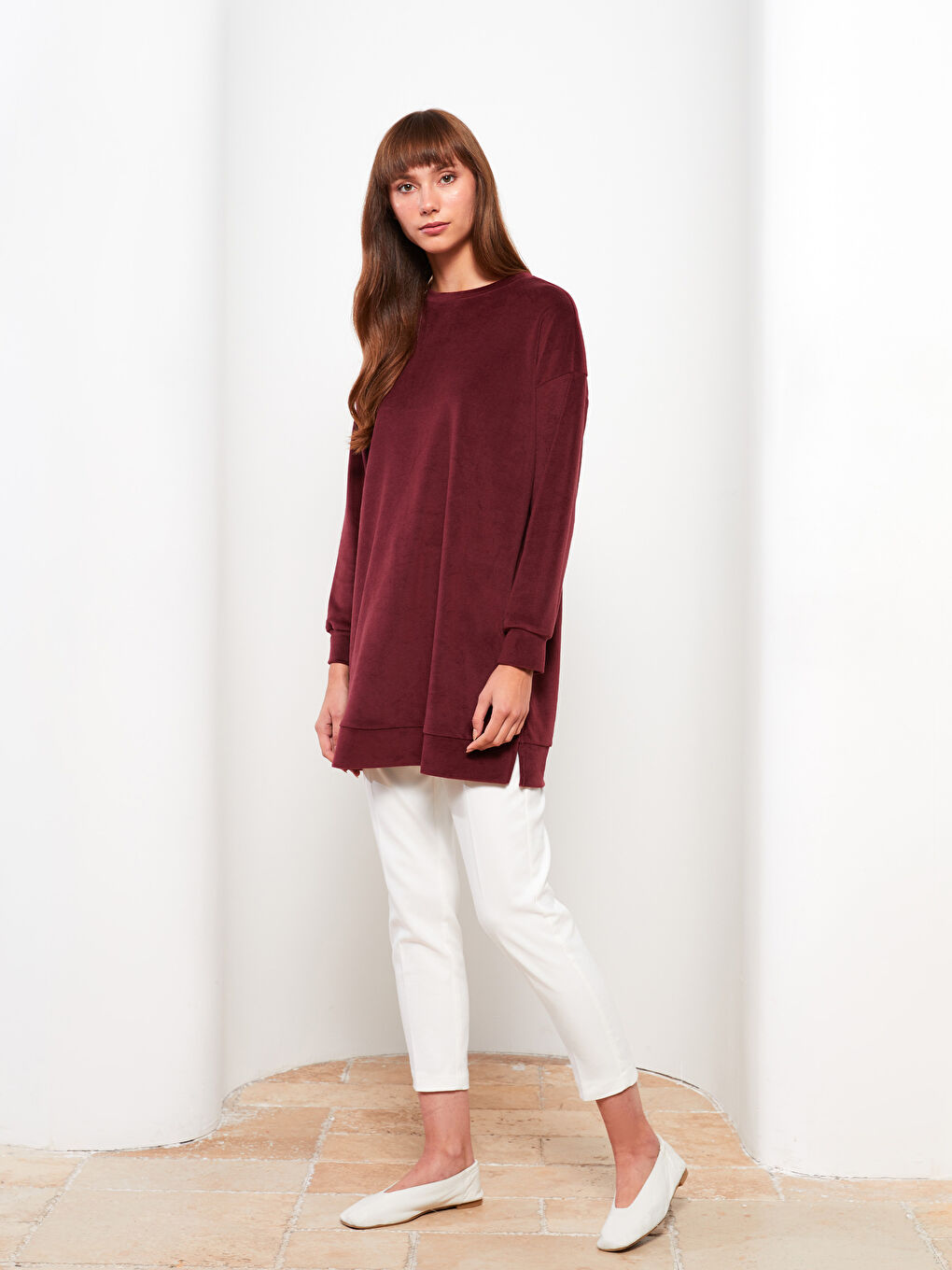 Bordo Bisiklet Yaka Oversize Kadın Sweatshirt-1