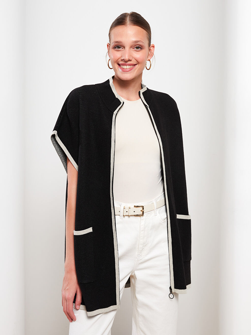 Пончо с яка тип фуния, редовен трико за жени-1