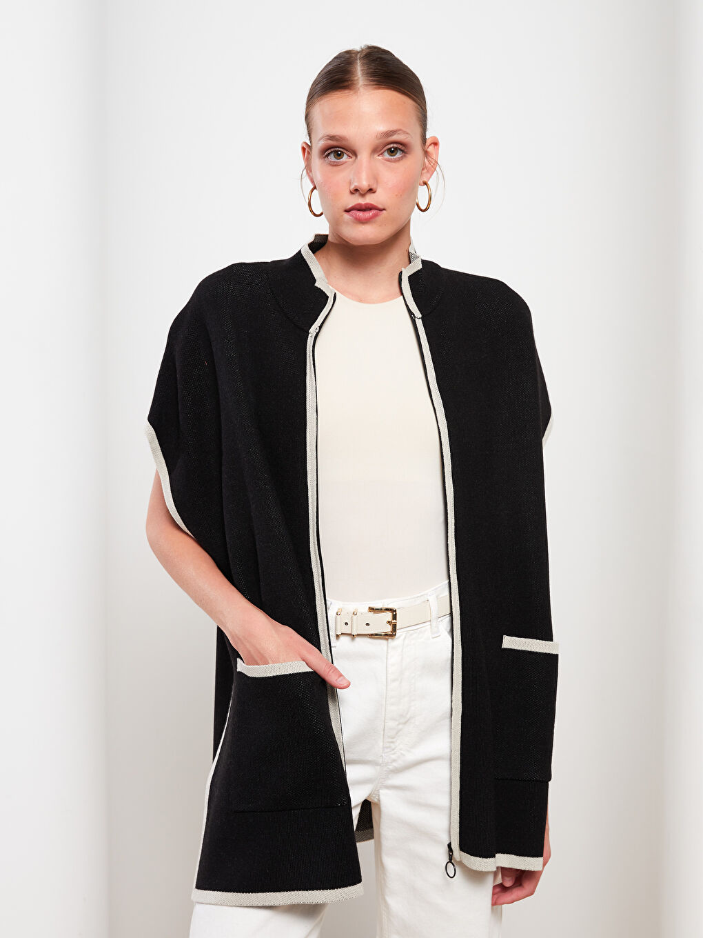 Пончо с яка тип фуния, редовен трико за жени-2